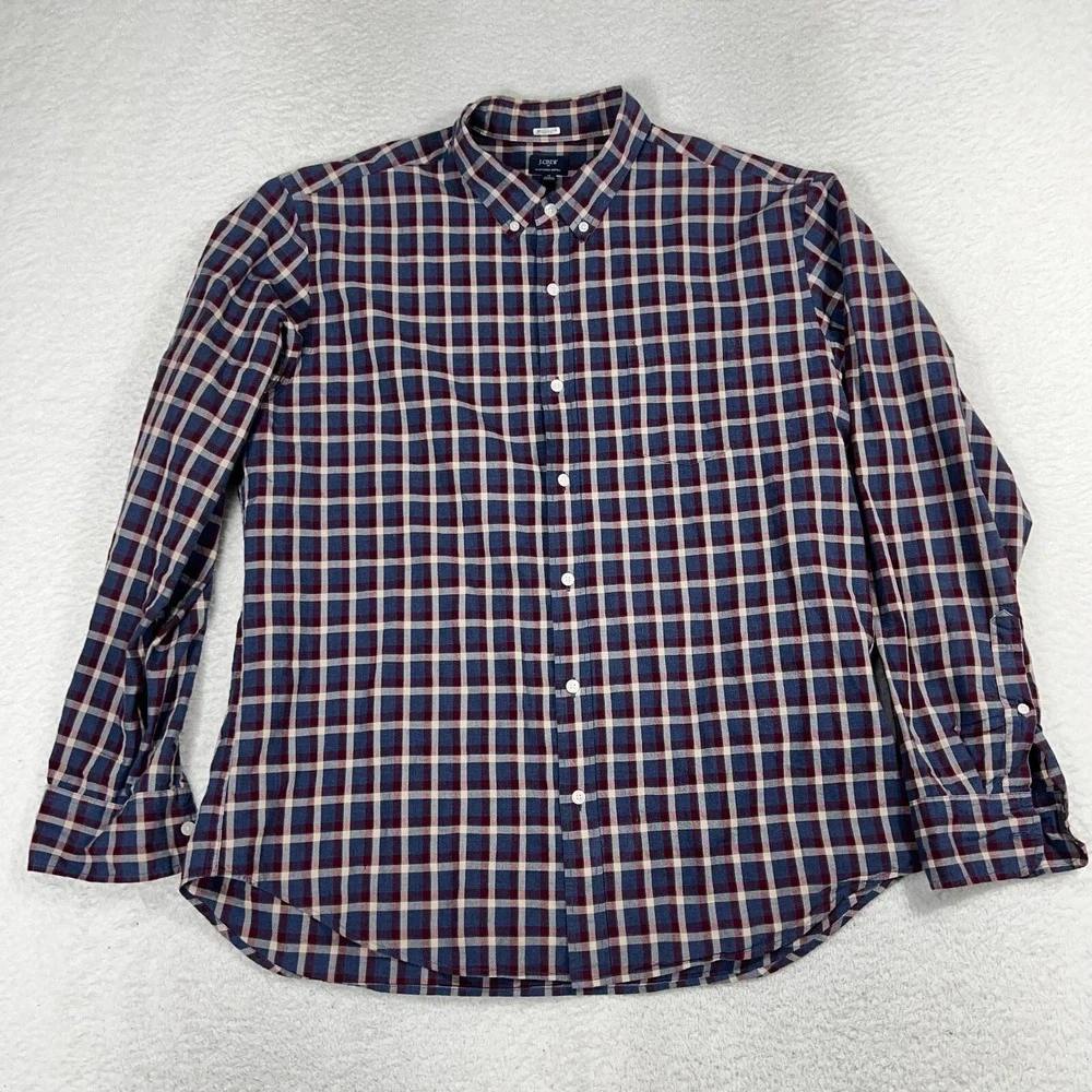 J Crew Mens Button Down Shirt XL Blue Plaid Heather Cotton Pocket Long Sleeve